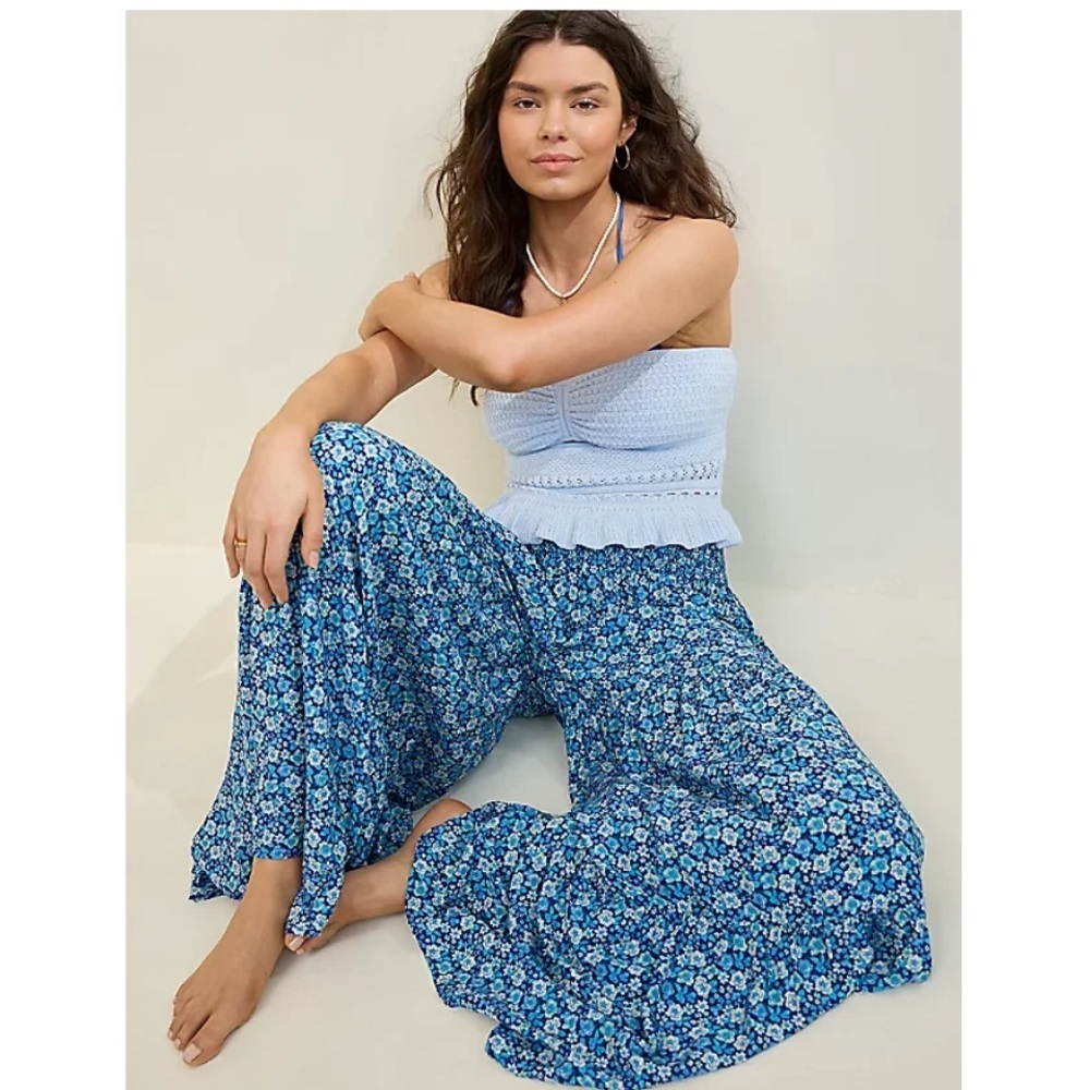 aerie Blue Floral Wide Leg Pants